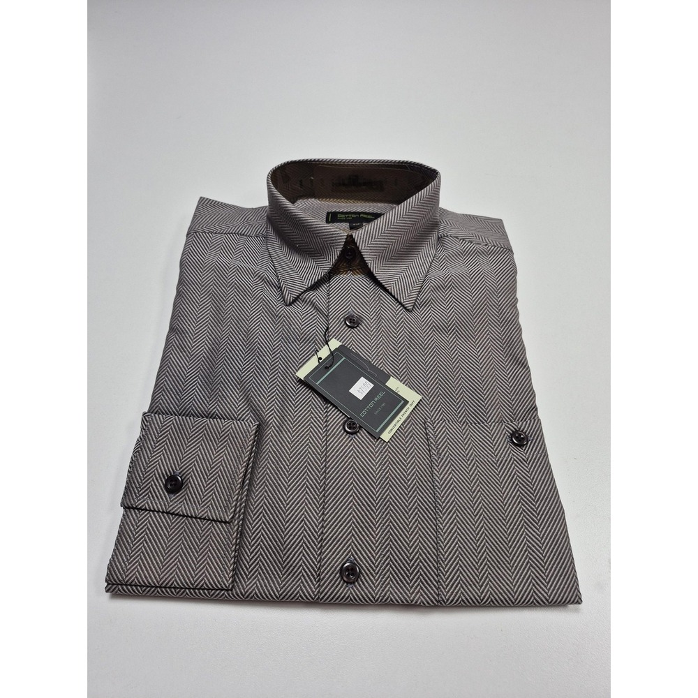Cotton Reel Dress Shirt Mens S Silver Herringbone 100% Cotton Long Sleeve Woven